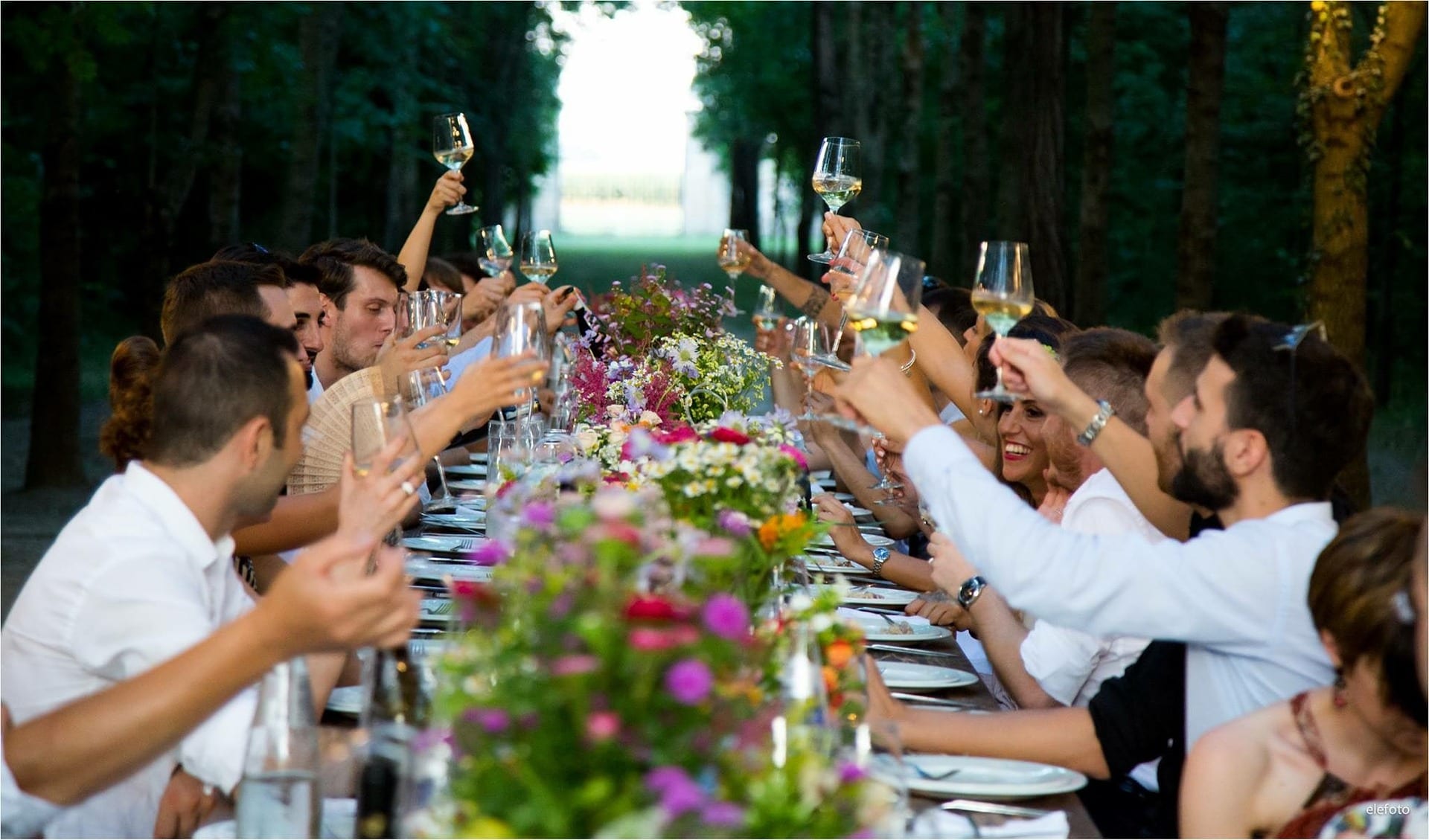 Grande table avec tous les invités levant leur verre - Mariage-Perpignan -